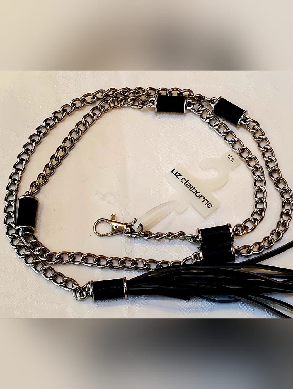 Liz Claiborne Silver-Tone Chain Belt with Black Tassel Accents M/L 42"length